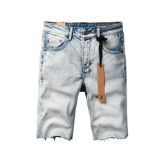 Purple Jeans Men Streetwear Denim Shorts Light Blue Washed with Raw Hem and Graphic Patch Back Pocket 2001