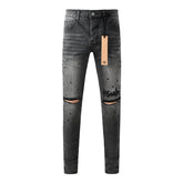 Purple Jeans Men Streetwear Jeans Washed Black with Ripped Knees Paint Splatter and Graphic Patch 3034