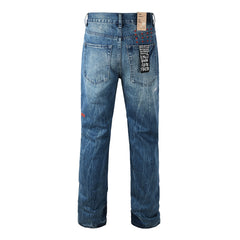 Purple Men Streetwear Jeans Vintage Blue Washed with Knee Repair Details and Graphic Back Pocket Patch 3039