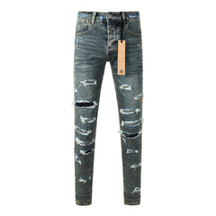 Purple JeansMen’s Dark Blue Heavy Ripped Skinny Jeans with Extreme Distressing and Back Graphic Patch for Street Style 3049