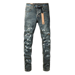 Purple JeansMen’s Dark Blue Heavy Ripped Skinny Jeans with Extreme Distressing and Back Graphic Patch for Street Style 3049
