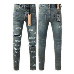 Purple JeansMen’s Dark Blue Heavy Ripped Skinny Jeans with Extreme Distressing and Back Graphic Patch for Street Style 3049