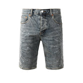 Purple Jeans Men’s Gray Washed Denim Shorts with Shiny Studded Sunburst Pattern Streetwear Fashion Style 5093