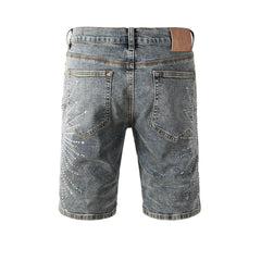 Purple Jeans Men’s Gray Washed Denim Shorts with Shiny Studded Sunburst Pattern Streetwear Fashion Style 5093