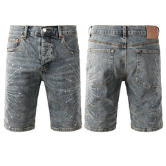 Purple Jeans Men’s Gray Washed Denim Shorts with Shiny Studded Sunburst Pattern Streetwear Fashion Style 5093