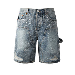 Purple Jeans Mens Light Blue Rhinestone Denim Cargo Shorts Distressed Multi Pocket Streetwear Style 5097