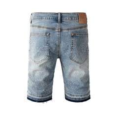 Purple Jeans Men’s Light Blue Denim Shorts with Rhinestone Cross Embellishments and Sparkling Studs 5098