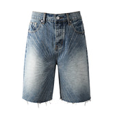 Purple Jeans Men’s Blue Denim Shorts with Rhinestone Sunburst Design and Raw Hem 5100