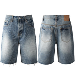 Purple Jeans Men’s Blue Denim Shorts with Rhinestone Sunburst Design and Raw Hem 5100
