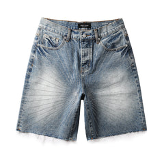 Purple Jeans Men’s Blue Denim Shorts with Rhinestone Sunburst Design and Raw Hem 5100