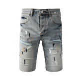 Purple Jeans Men’s Light Blue Paint Splatter Denim Shorts with Distressed Streetwear Look 5101