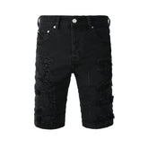 Purple Jeans Edgy Distressed Black Denim Shorts with Destroyed Rips for Men’s Summer Fashion 5108
