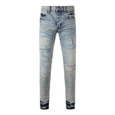 Purple Jeans Men Streetwear Jeans Distressed Light Blue Abstract Ripped Skinny 9093