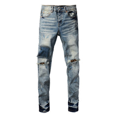 Purple Jeans Men Streetwear Jeans Distressed Light Blue Patch Leopard Ripped Skinny 9095