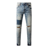 Purple Jeans Men Streetwear Jeans Distressed Light Blue Patch Leopard Ripped Skinny 9095