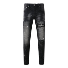 Purple Jeans Men Streetwear Jeans Distressed Black Paint Splash Patch Ripped Skinny 9099