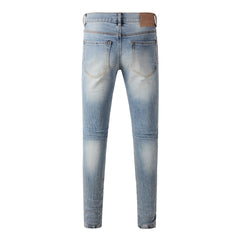 Purple Jeans Men Streetwear Jeans Light Blue Ripped Graffiti Print Distressed Skinny 9101