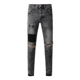 Purple Jeans Men Streetwear Jeans Distressed Grey Ripped Patch Leopard Skinny 9102