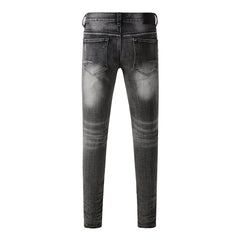 Purple Jeans Men Classic Streetwear Jeans Distressed Grey Ripped Skinny Fit 9103
