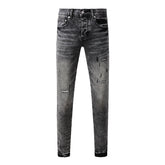 Purple Jeans Men Distressed Grey Washed Skinny Jeans Ripped Scratch Style 9105
