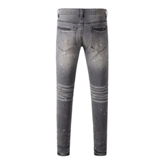 Purple Men Streetwear Distressed Grey Skinny Jeans with Color Paint Splatter and Knee Rips 9107