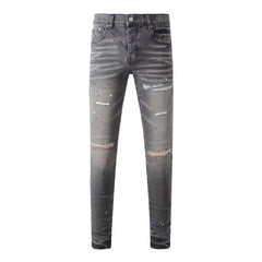 Purple Men Streetwear Distressed Grey Skinny Jeans with Color Paint Splatter and Knee Rips 9107