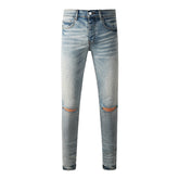 Purple Men Streetwear Skinny Jeans Light Blue with Rhinestone Studs and Distressed Details PU9119