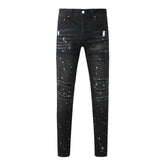 Purple Jeans Streetwear Men’s Black Ripped Slim Jeans with Multi Color Paint Splatter Effect and Rugged Tear Details 9121