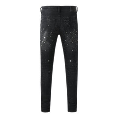 Purple Mens Black Skinny Jeans with Gradient Rhinestone Embellishment Sparkling Night Sky Inspired Denim 9130