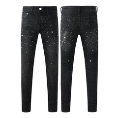 Purple Mens Black Skinny Jeans with Gradient Rhinestone Embellishment Sparkling Night Sky Inspired Denim 9130