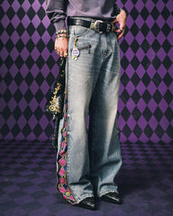 MEDM × JOJO Side Zipper Contrast Checkered Washed Jeans