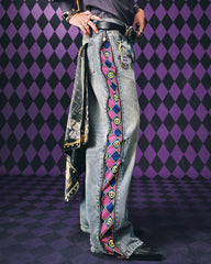 MEDM × JOJO Side Zipper Contrast Checkered Washed Jeans