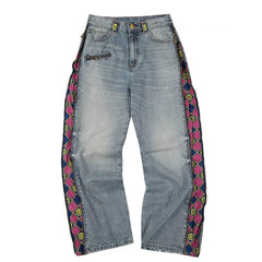 MEDM × JOJO Side Zipper Contrast Checkered Washed Jeans