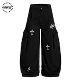 American retro leopard print cross embroidered workwear curved pants for men and women, loose multi pocket casual versatile wide leg pants