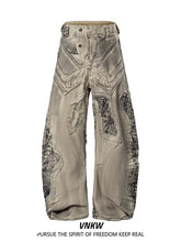 China-Chic Deconstruction Splicing Spray Dyeing Damaged Scimitar Workwear Jeans for Men and Women Heavy Weight Old Wasteland Wide Leg Pants