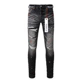 Purple Jeans Mens New Black Grey Jeans - Urban Style with Unique Ripped Patches 9018