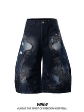 American heavyweight deconstruction tie dye embroidered denim cropped pants, men's and women's loose wide leg versatile unisex style curved knife shorts