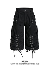 American retro light Asian multi pocket drawstring strap deconstruction workwear cropped pants for men and women loose wide leg versatile shorts