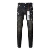 Mens Purple Ripped Jeans Stylish Slim Fit Black Paint High Street Denim Pants 9036