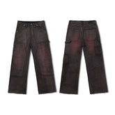 WANNA LAB 26SS Hand Brushed Wax Printing Crimson Coating Baggy Version Double Knee Lumbering Method Workwear Pants