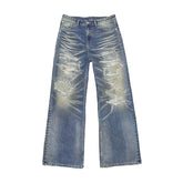 WANNA LAB Patches Chaotic Needles BORO Craftsmanship Unique Water Wash Destruction Make Old Straight Tube 3D Cat Beard Jeans