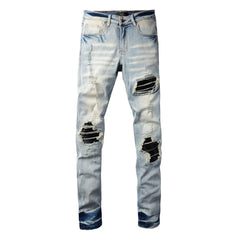 Purple Jeans Mens Punk Slim Stretch Distressed Jeans With Ripped Knee Patch Blue Pants 6848