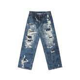 Stranger Things Official Collaboration WHOOSIS Newspaper Destruction Printed Jeans Pants Loose Men and Women Trendy