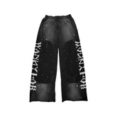 WANNA LAB Double Knee Rivet Printed Water Washed Lumber Curled Edges for Aging, Splashed Ink Straight Tube Casual Loose Long Pants