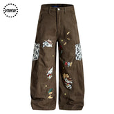Melad Brown Cartoon Pattern Embroidered Wide Leg Jeans for Men and Women, Loose and Versatile Straight Tube Casual Drop pants
