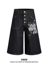 American retro original cow black single breasted design, denim cropped pants, men's and women's loose wide leg versatile and cool shorts