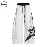 American letter printed pleated quick drying curved knife work pants for men and women in summer, thin, dancing, loose, wide leg paratroopers
