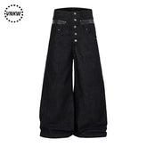 American retro original cow double waisted spliced work pants for men and women, loose wide leg straight leg casual versatile commuting pants