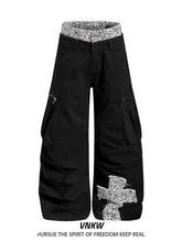 China-Chic ruffian handsome multi pocket leopard double waist head splicing machete overalls for men and women loose design wide leg trousers