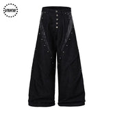 American retro rivet single breasted design workwear jeans for men, rugged and handsome high street, loose and wide leg, and long pants